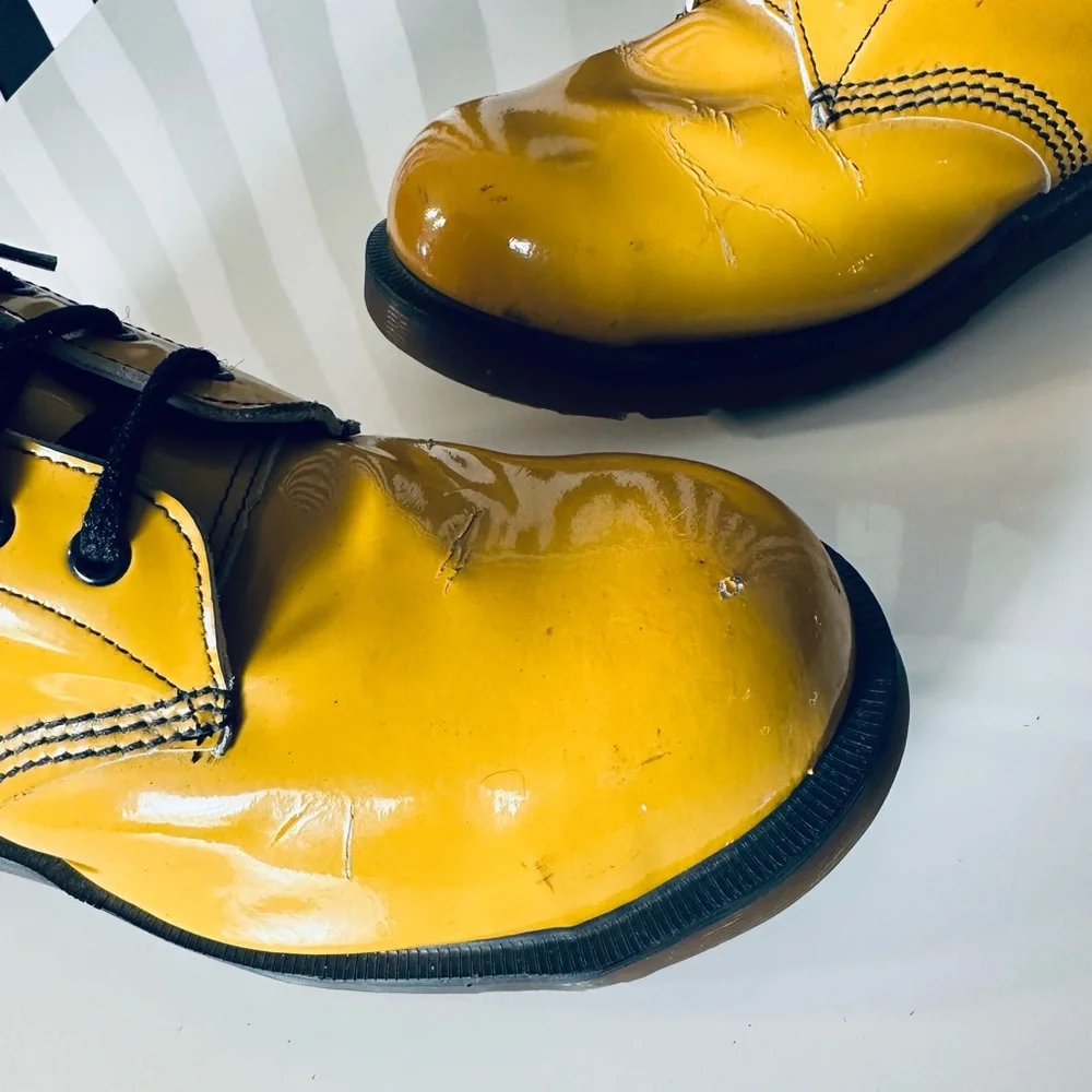 Dr. Martens RARE Vintage Patent Leather YELLOW Steel Toe Boots - Made in England